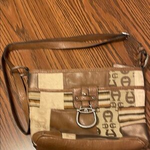 Etienne Aigner Brown and Tan Shoulder Bag with Leather Trim and Patterned Design